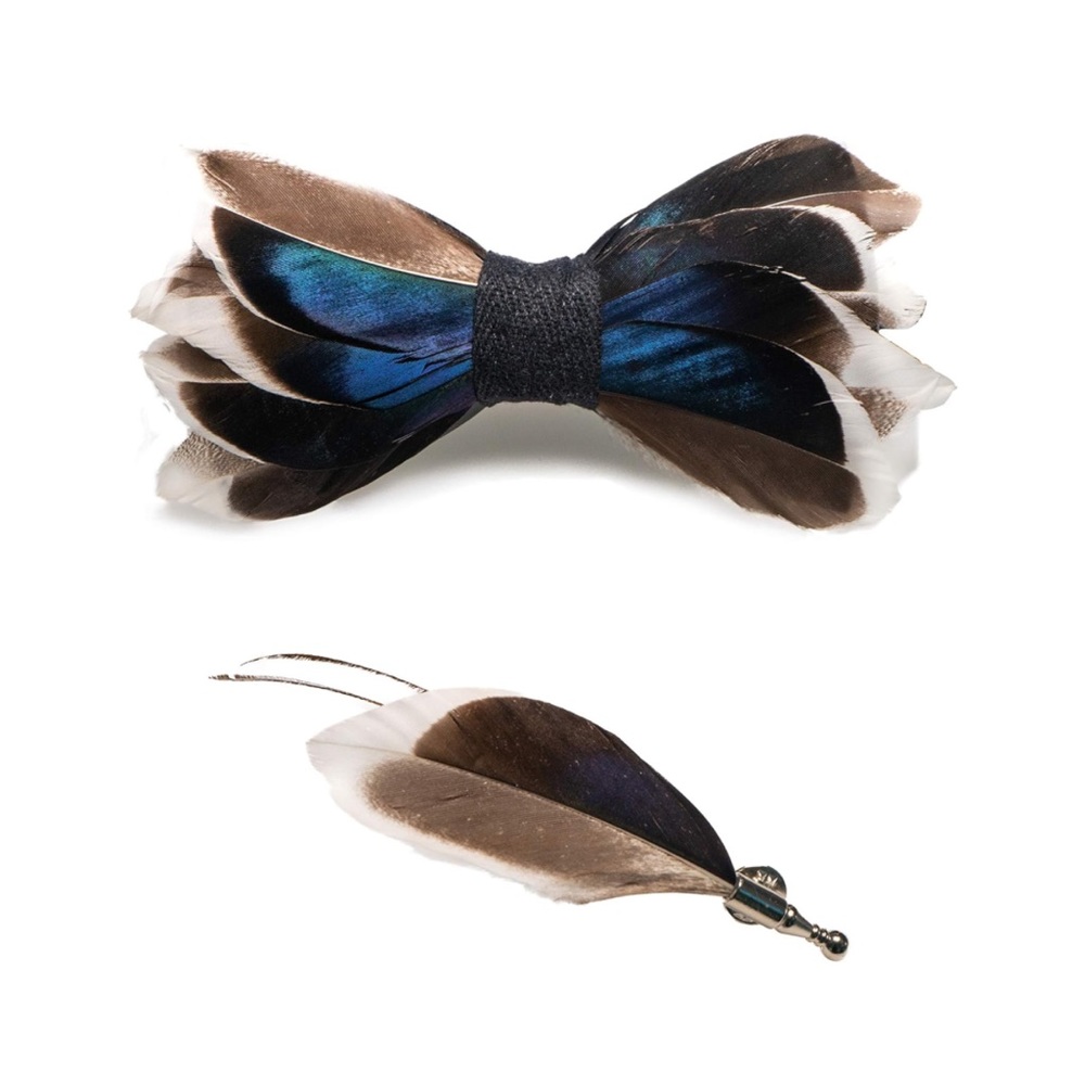 Men’s Handmade Unique Feather Pre Tied Bow Tie and Matching Lapel Pin Gift Set